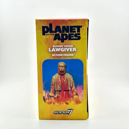Planet of the Apes Bloody Lawgiver action figure box by Super7, featuring a fiery orange and yellow package design.