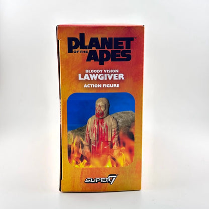 Planet of the Apes Bloody Lawgiver action figure box by Super7, featuring a fiery orange and yellow package design.