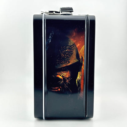 Side view of metal lunchbox with black border and image of character from latest Planet of the Apes. 
