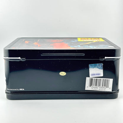 Bottom of metal lunchbox showing barcode and holographic sticker and made in china sticker. 