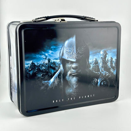 Planet of the Apes lunchbox with image of armored apes, photographed on gray background. 