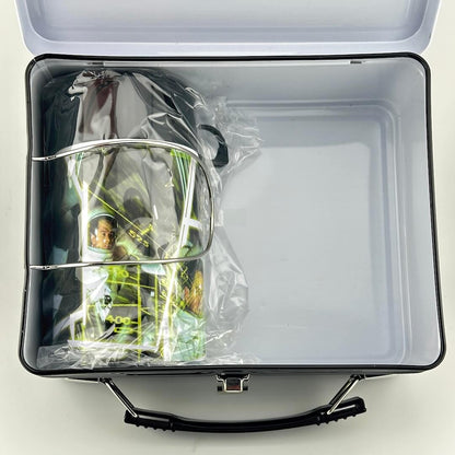 Inside of metal lunchbox with matching thermos in original plastic packaging.