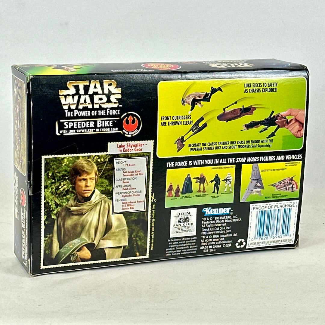 Star Wars Speeder Bike toy box with character image and product details on a gray background