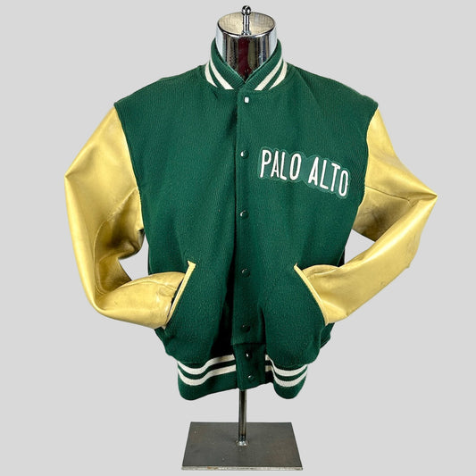 Green and yellow letterman jacket with 'Palo Alto' text on a mannequin against a white background