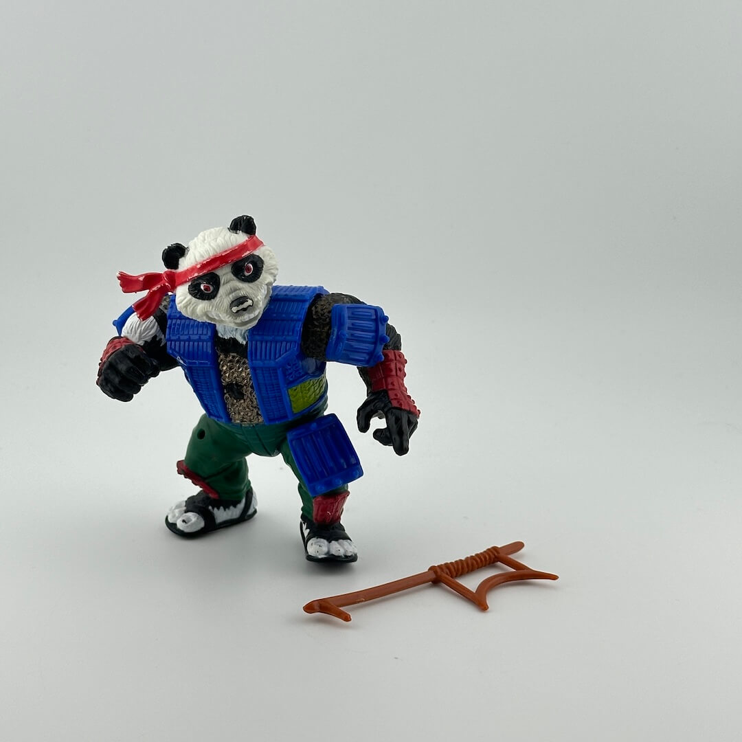 Anthropomorphized Panda wearing green pants and blue samurai armor picture with bo staff. 