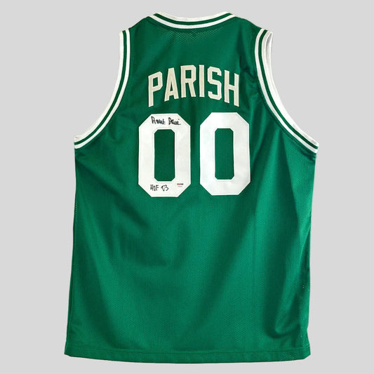 Green basketball jersey with white accents and number "00" under nameplate "Parish"