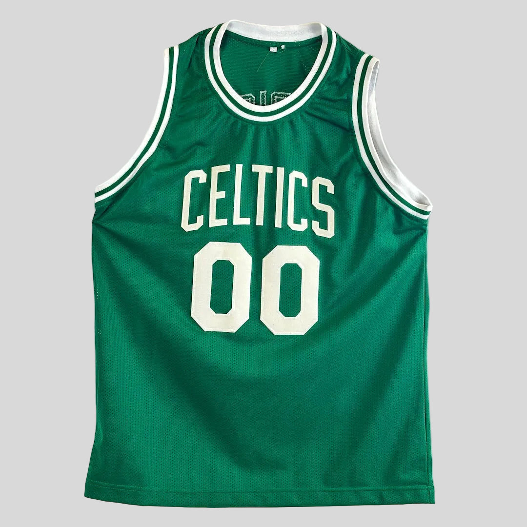 Front of green basketball jersey with number "00" under "Celtics"