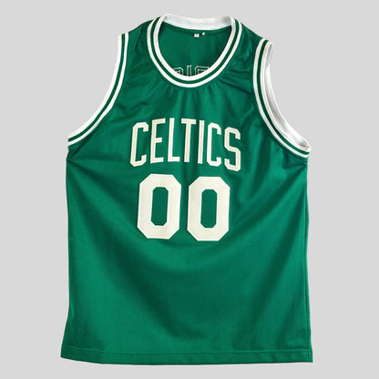 Front of green basketball jersey with number "00" under "Celtics"