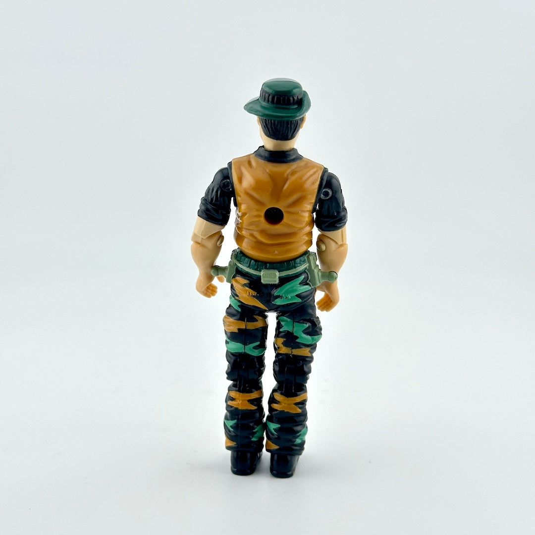 Back of GI Joe action figure against white background. 