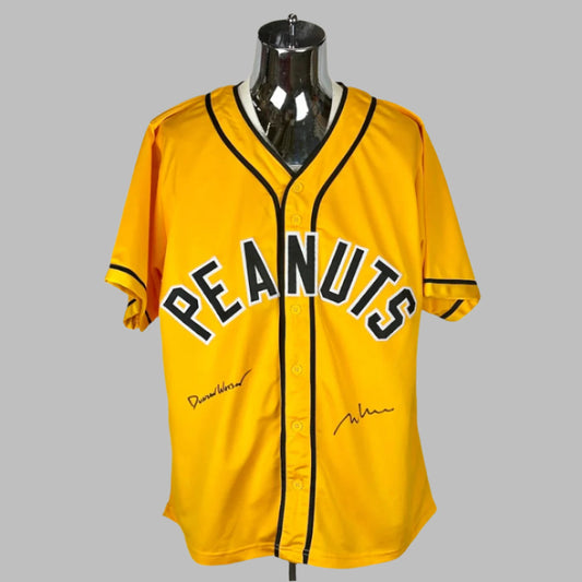 Yellow baseball jersey with black piping and stitched details, "Peanuts" & two marker signatures