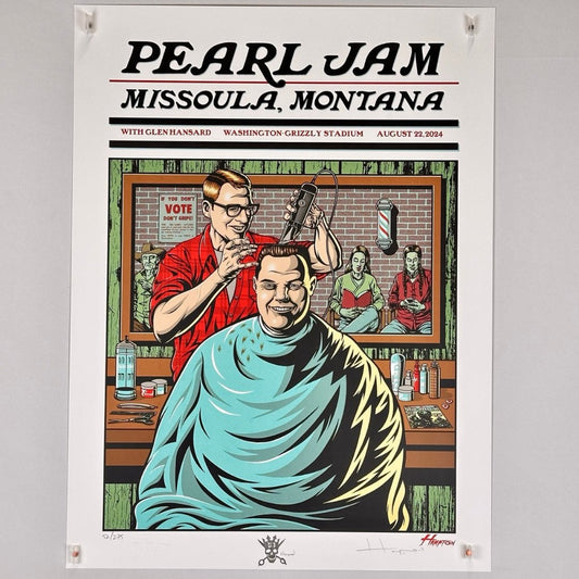 Poster in realistic cartoon style of John Tester getting haircut in barbershop with people waiting seen in mirror