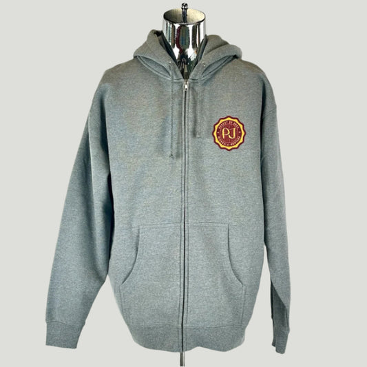 Heather grey zippered sweatshirt with maroon and gold crest of right breast.