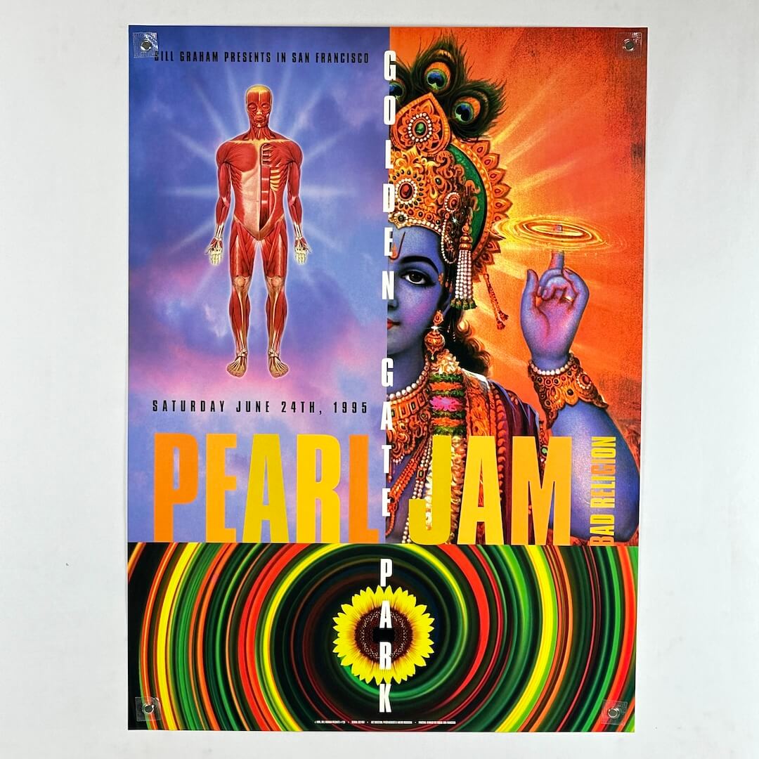 Colorful concert poster for Pearl Jam featuring a human skeleton and a person with elaborate headgear.