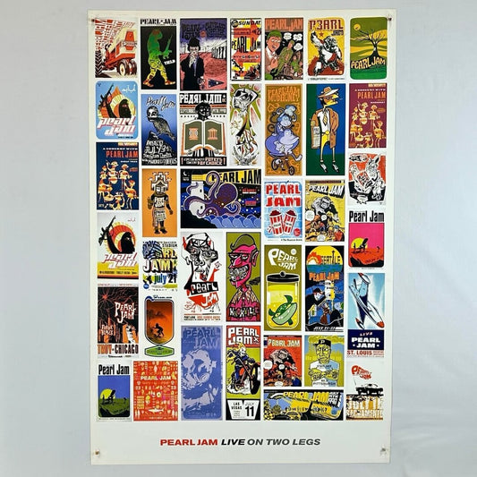 Collection of Pearl Jam concert posters arranged in a grid on a gray background.
