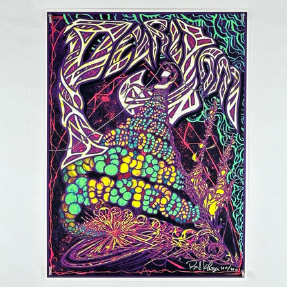 Purple, green, & yellow graphics that detail Pearl Jam event info in stylized text, line graphics throughout & in background 