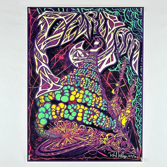 Purple, green, & yellow graphics that detail Pearl Jam event info in stylized text, line graphics throughout & in background 