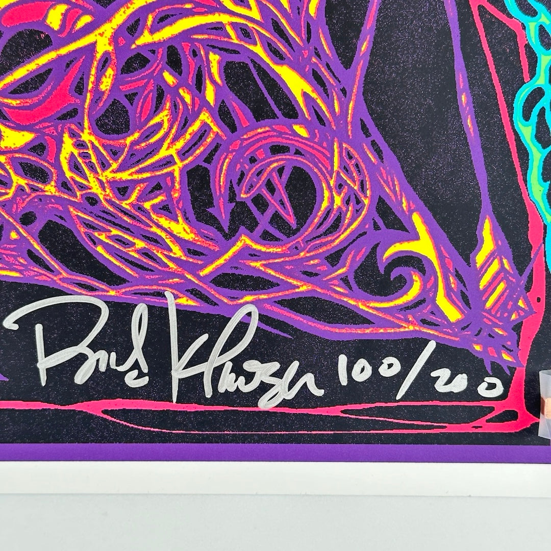Close up of artist signature & poster number (#100/200) in silver marker.