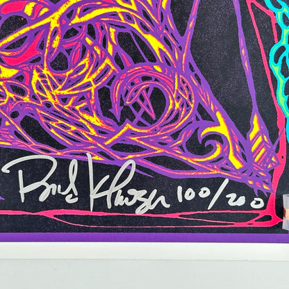 Close up of artist signature & poster number (#100/200) in silver marker.