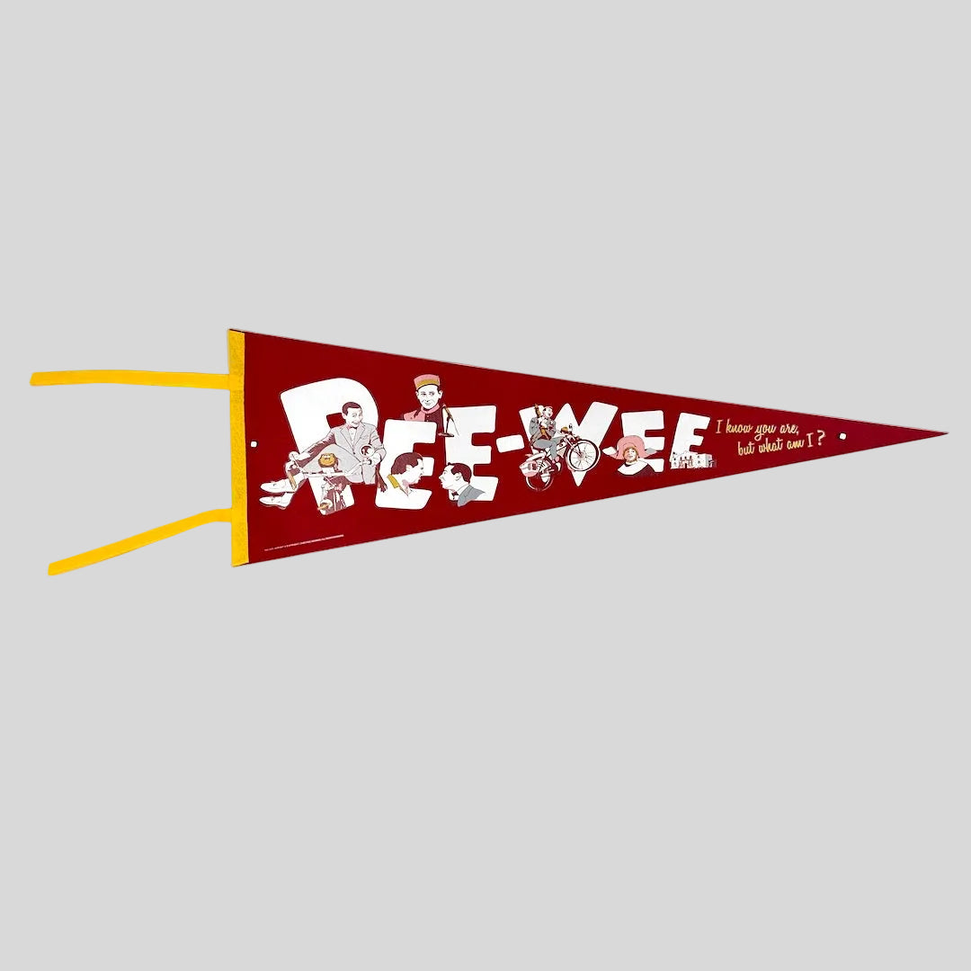 Red pennant with white lettering and yellow border on white background. 