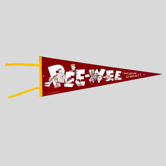 Red pennant with white lettering and yellow border on white background. 