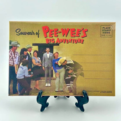 Package of Pee-Wee's Big Adventure themed postcards on white background. 