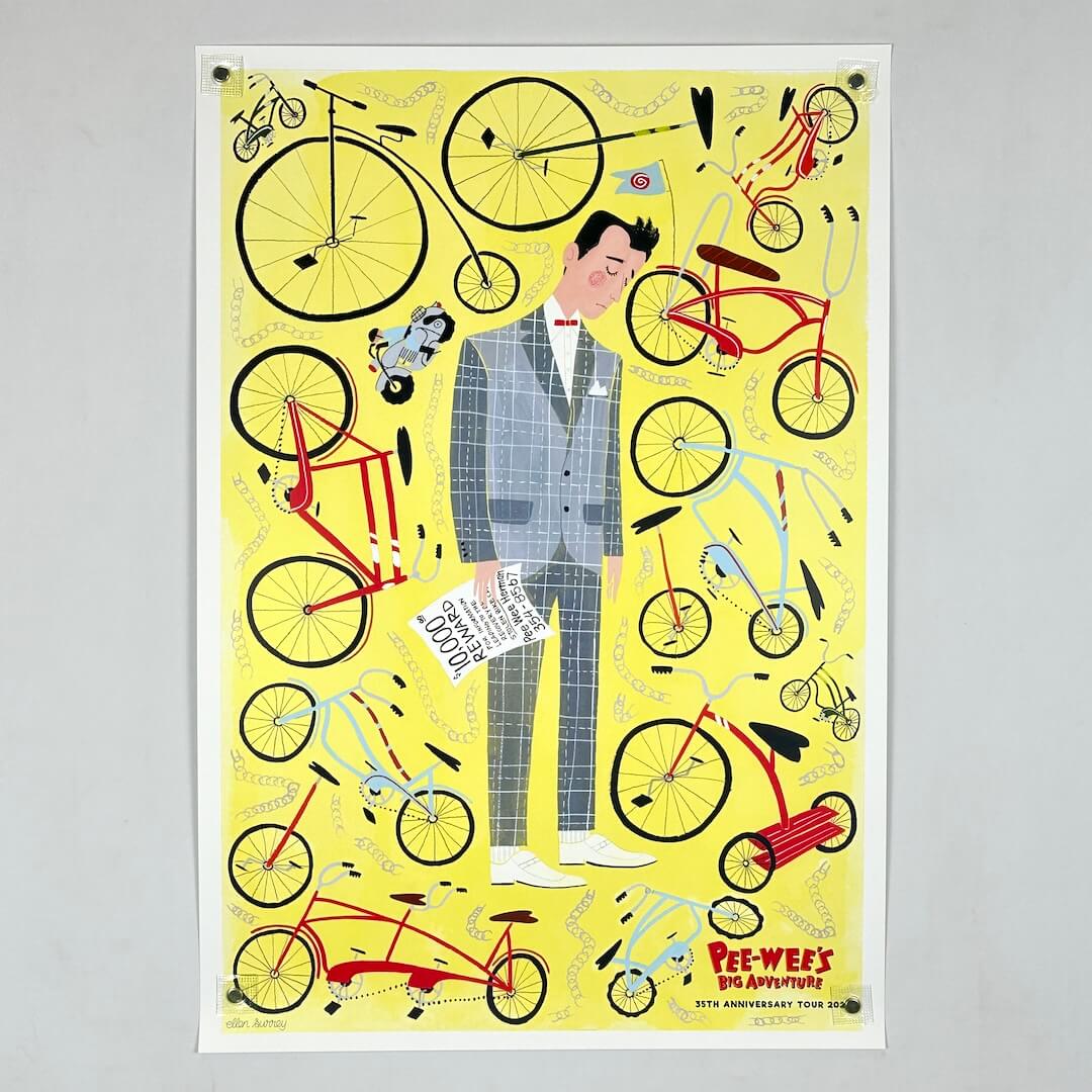 Illustration of a man in a suit surrounded by bicycles on a yellow background