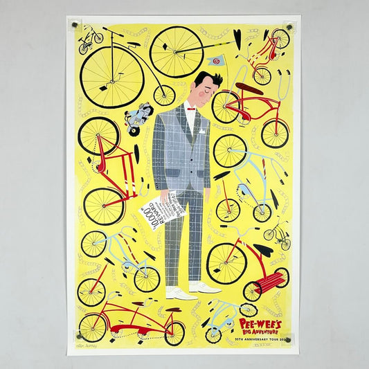 Illustration of a man in a suit surrounded by bicycles on a yellow background