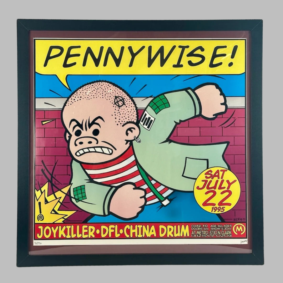 Cartoon dressed in punk style swinging fist, "Pennywise" in speech bubble above head & event info in yellow text along bottom