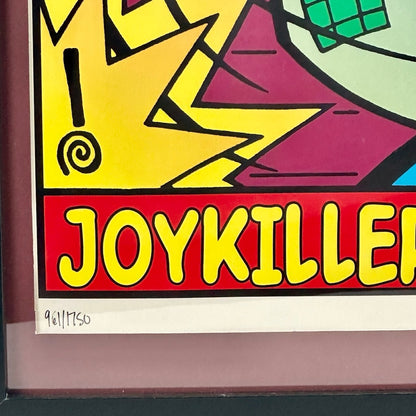 Close up of bottom left corner showing poster #961/1750. Maroon matting for art, "Joykiller" in yellow in red banner.