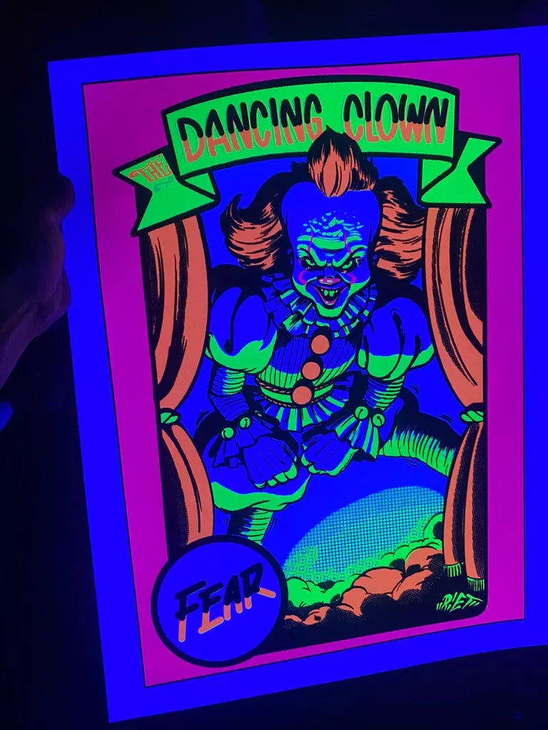 Glowing blacklight poster of a dancing clown with 'Dancing Clown Fear' text.