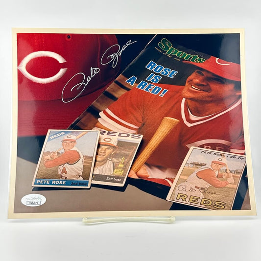 Photograph of memorabilia collage featuring signature of player, JSA authentication sticker in corner. 