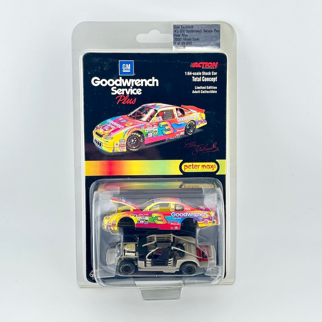 A packaged die-cast toy car set from Goodwrench Service Plus featuring a multicolor race car.