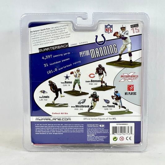 Packaged action figure of Peyton Manning with NFL branding on a white background