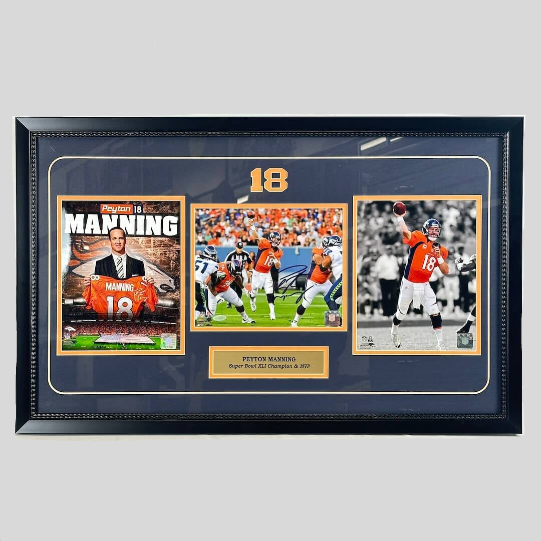 Frame with three images of Peyton Manning and gold name plaque. 