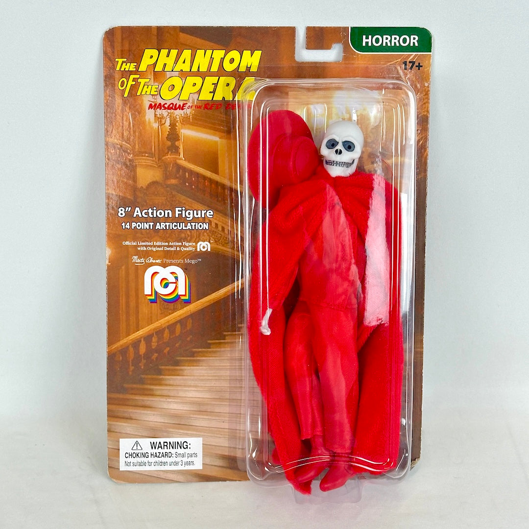 The Phantom of the Opera 8" action figure in its original packaging, featuring the character in a red robe with a white skull face.