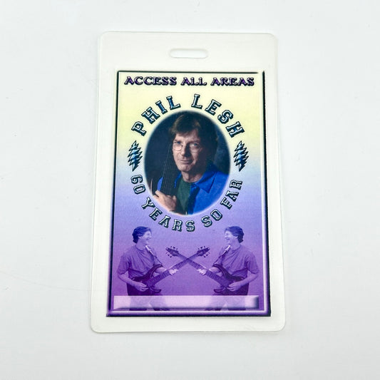 Laminated card with portrait of Phil Lesh surrounded by text, "Phil Lesh, 60 Years So Far"