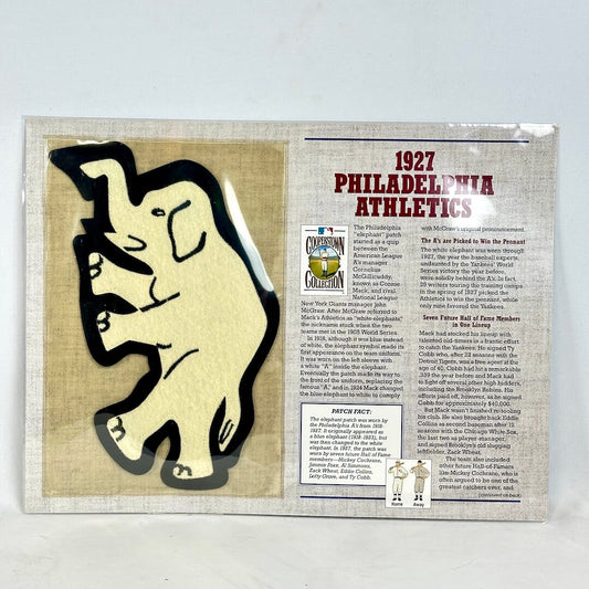 Card with a stylized elephant logo and text about 1927 Philadelphia Athletics on a beige background.