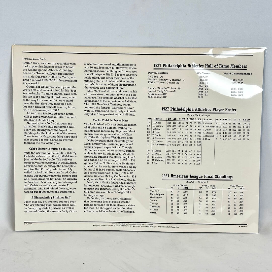 Back of a sports sheet with text and statistics on a gray background