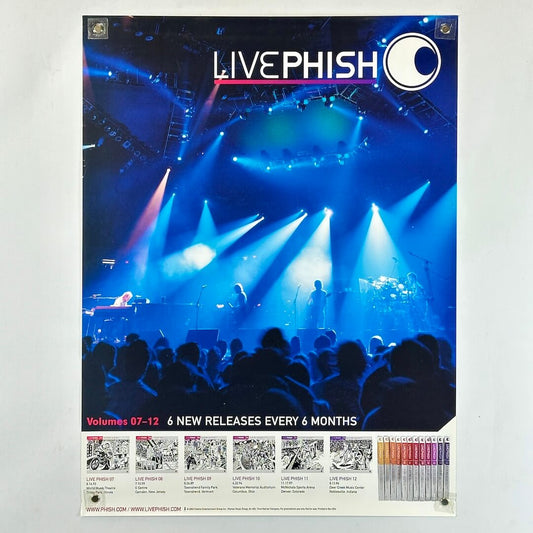 Poster of Phish playing on stage with banner along bottom advertising live albums. 