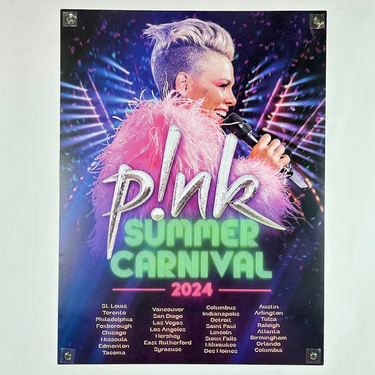 Promotional poster for P!nk Summer Carnival 2024 with a colorful design and text.