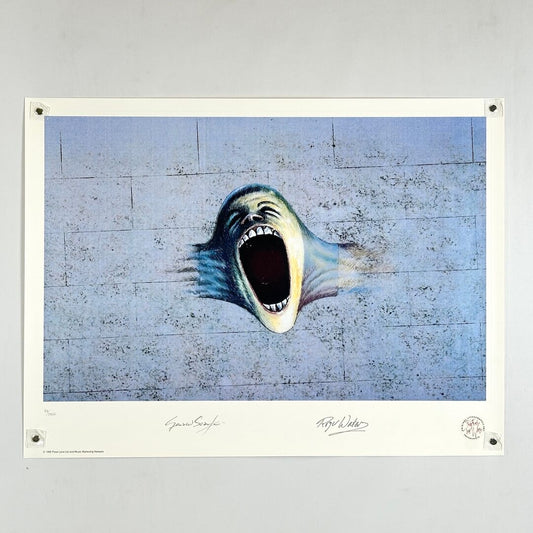 Lithograph featuring screaming face coming out of a wall. Signatures at bottom with seal. 