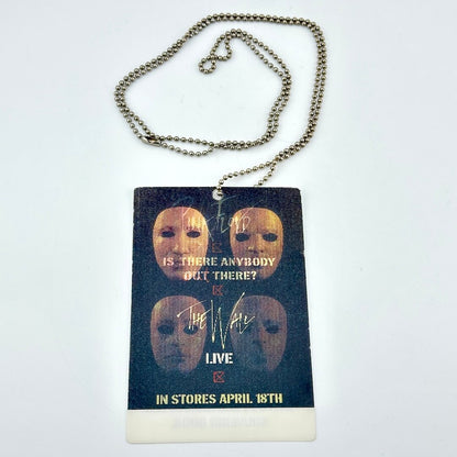 Promotional laminate with masks and text on a chain against a white background