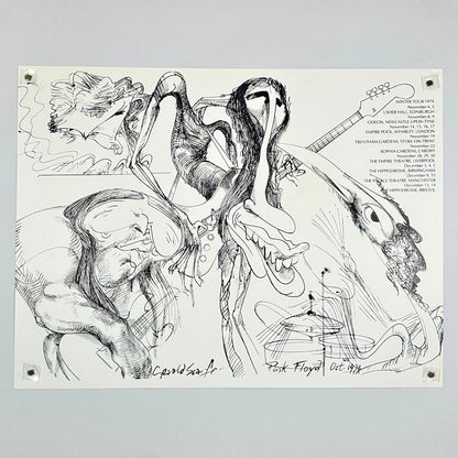 Black and white illustration of abstract figures on a light gray background