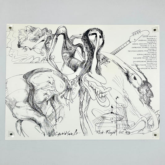 Black and white illustration of abstract figures on a light gray background