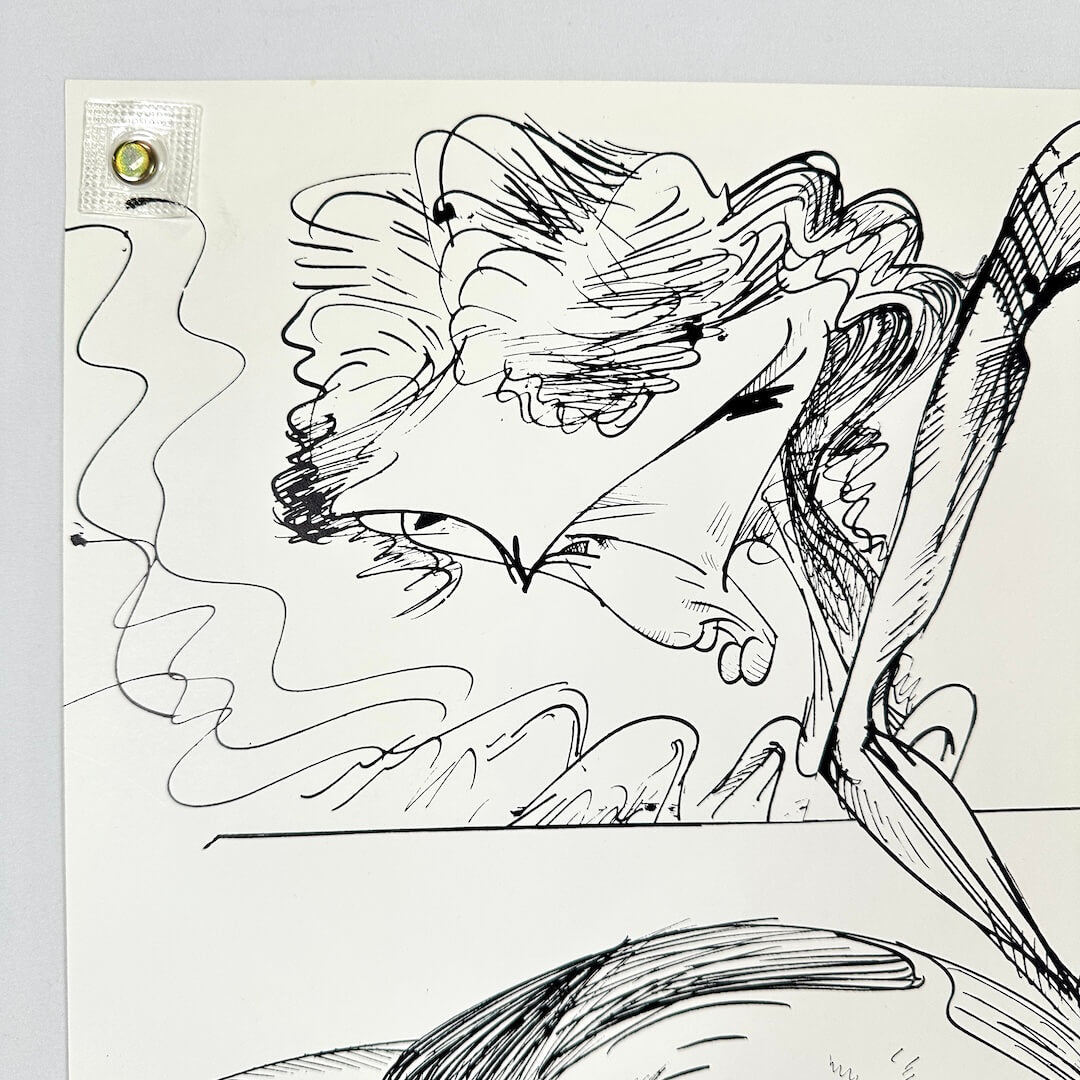 Abstract black line drawing on a white background, top left corner of poster. Crisp corner and edges. 