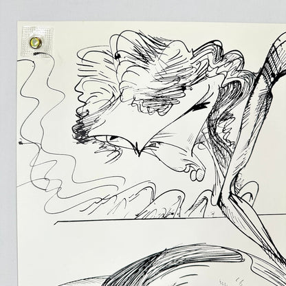 Abstract black line drawing on a white background, top left corner of poster. Crisp corner and edges. 