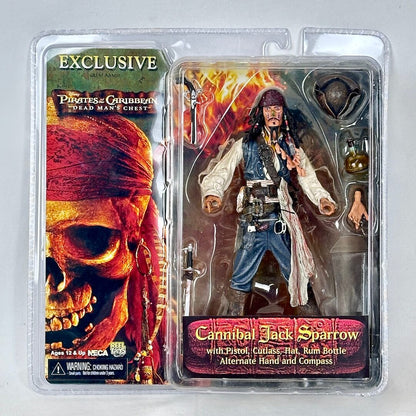 Action figure of Jack Sparrow from 'Pirates of the Caribbean' in packaging with a skull design on the left.