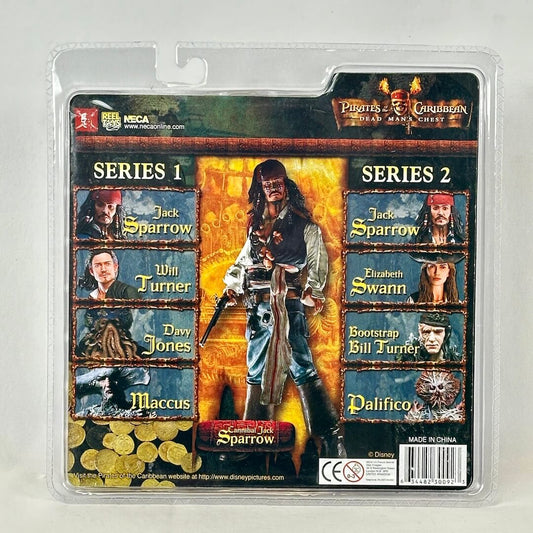 Packaged action figure of Jack Sparrow from Pirates of the Caribbean with character illustrations on the back.