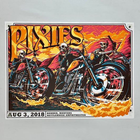 Poster of 'Pixies' with skeletons on motorcycles against a fiery background