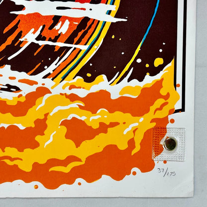 Colorful abstract art print with orange, yellow, and black on a gray background